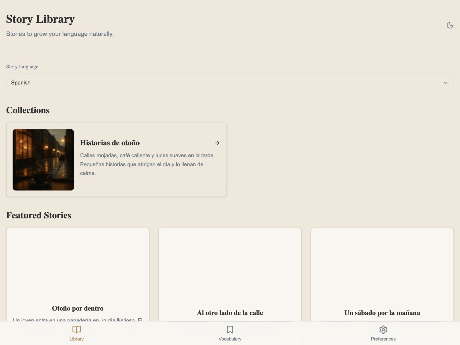 SplitRead Library — tiled view of stories with Spanish titles
